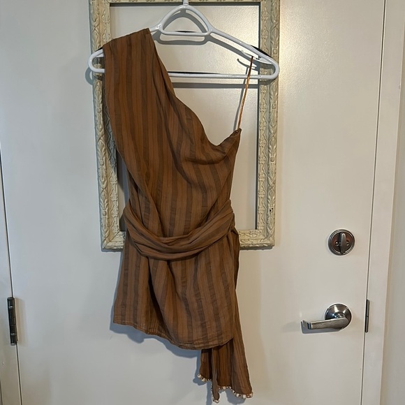 ZARA | One Shoulder Striped Beaded Dress Top Shirt Brown 100% Cotton - Picture 4 of 12